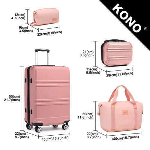 K1871-1L+EA2212 - Kono ABS 4 Wheel Suitcase Set With Vanity Case And Weekend Bag And Toiletry Bag - Pink