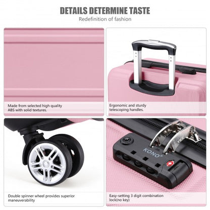 K1871-1L - Kono ABS Sculpted Horizontal Design 4 Pcs Suitcase Set With Vanity Case - Pink