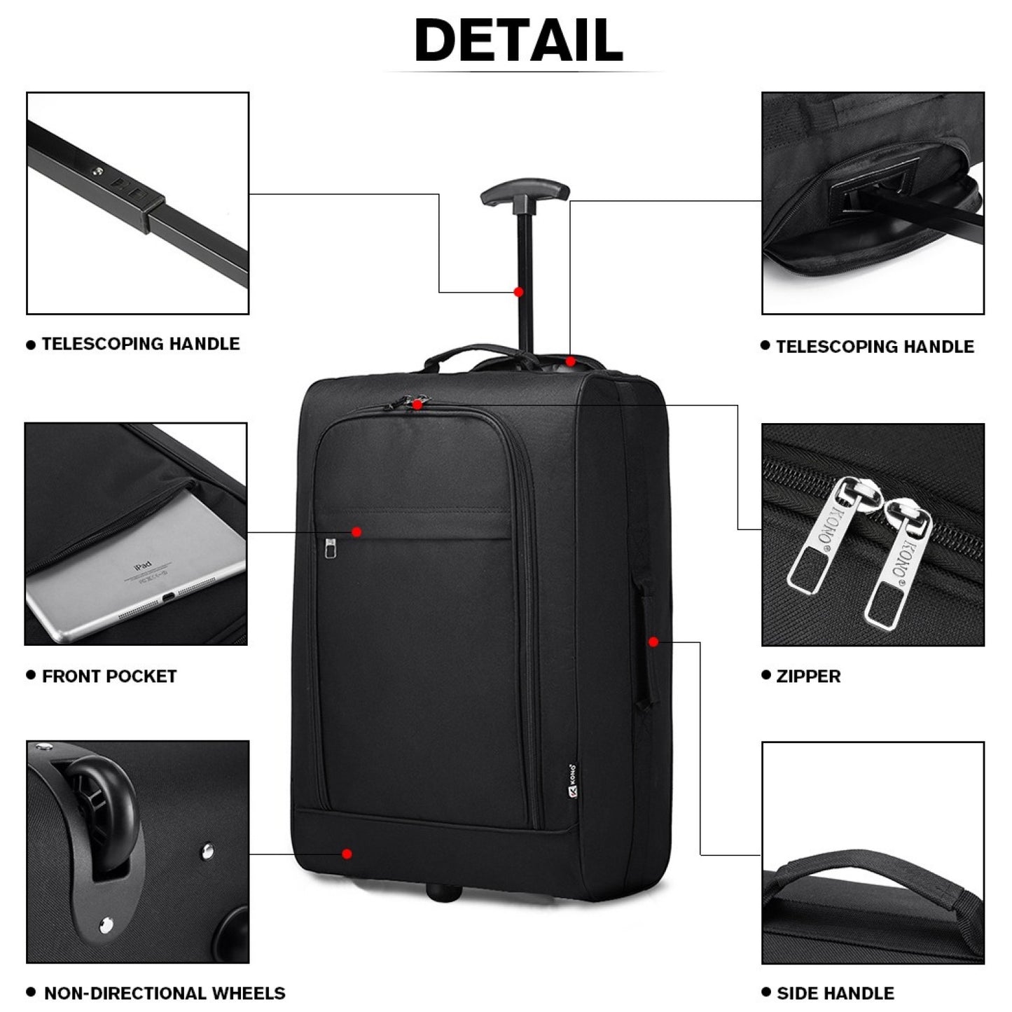 Kono 20" K1873-2 - SOFT SHELL HAND LUGGAGE - BLACK