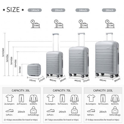 Easy Luggage K2091L - Kono Multi Texture Hard Shell PP Suitcase With TSA Lock And Vanity Case 4 Pieces Set - Classic Collection - Grey