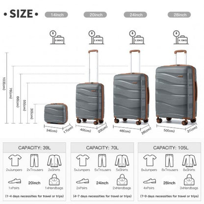 K2094L - Kono Lightweight Polypropylene Hard Shell 4 Piece Suitcase Set With TSA Lock And Vanity Case - Grey And Brown