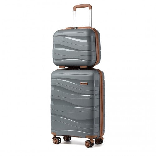 K2094L - Kono 14/20 Inch Lightweight Polypropylene Hard Shell 2 Piece Suitcase Set With TSA Lock And Vanity Case - Grey And Brown