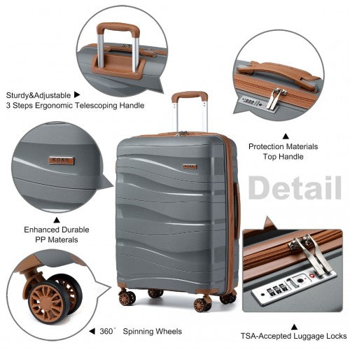 K2094L - Kono 24 Inch Lightweight Polypropylene Hard Shell Suitcase With TSA Lock - Grey And Brown