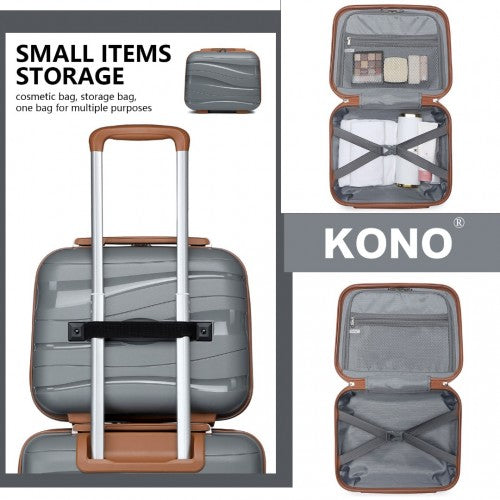 Open Kono 14-inch vanity case showing polyester lining, X-straps, cosmetic pockets, and telescopic handle setup