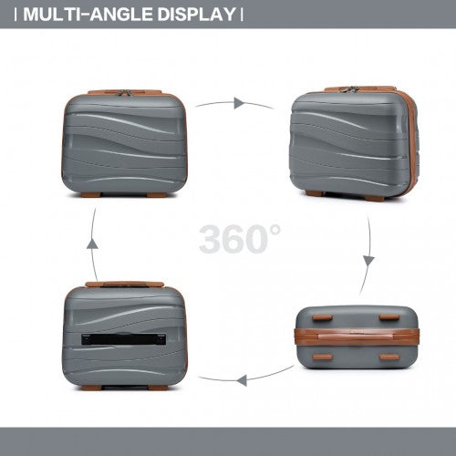 Grey and brown Kono 14-inch hard shell vanity case with wavy ridges shown in multi-angle 360° view