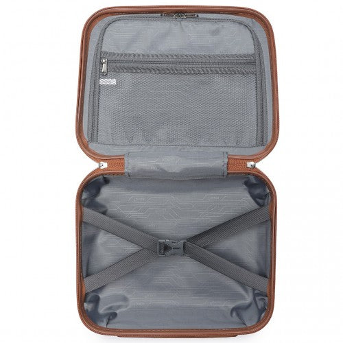 Top-down open view of grey vanity case interior with circuit-pattern lining, mesh pocket, and compression straps