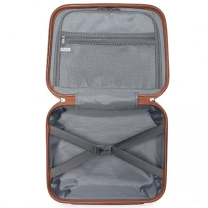 Top-down open view of grey vanity case interior with circuit-pattern lining, mesh pocket, and compression straps
