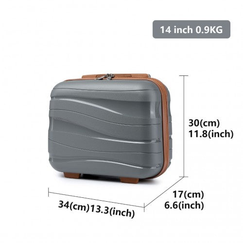 Side profile measurement graphic of 14-inch grey and brown vanity case displaying 30cm height and 0.9kg weight