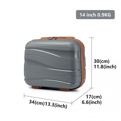 Side profile measurement graphic of 14-inch grey and brown vanity case displaying 30cm height and 0.9kg weight