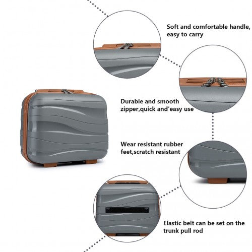 Close-up of Kono vanity case features including soft handle, durable zippers, rubber feet, and trunk strap