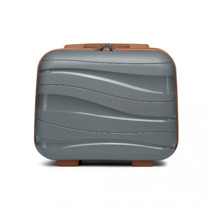 Front view of grey polypropylene hard shell vanity case with brown accents, wavy texture, and dual zippers