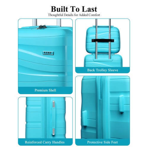 Turquoise Kono 24-inch hard shell suitcase collage showing wavy polypropylene shell, trolley sleeve, carry handles, and side feet