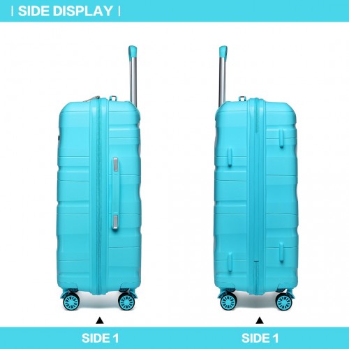 Side profile comparison of turquoise Kono suitcase featuring ribbed segmented panel design and multi-directional spinner wheels