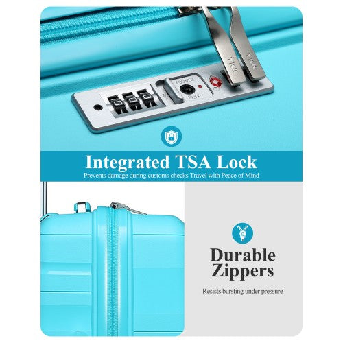 Close-up of integrated TSA lock and VIGOR zipper detail on light blue Kono hard shell luggage emphasizing durability