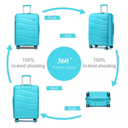 360-degree rotational display of turquoise Kono 24-inch hard shell suitcase showing front, side, back, and wheel base views