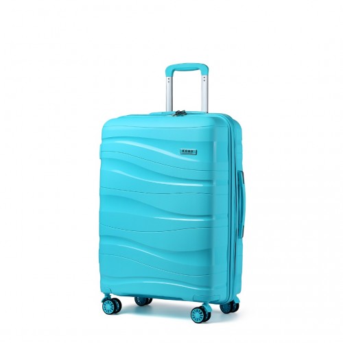 Full front view of turquoise Kono 24-inch hard shell suitcase with glossy wave-patterned exterior and extended silver handle