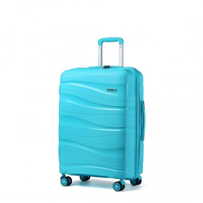 Full front view of turquoise Kono 24-inch hard shell suitcase with glossy wave-patterned exterior and extended silver handle