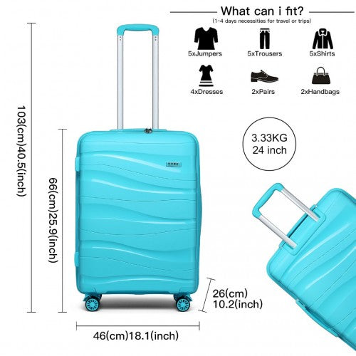 Technical diagram of light blue Kono 24-inch suitcase dimensions and packing capacity for jumpers, trousers, and shoes