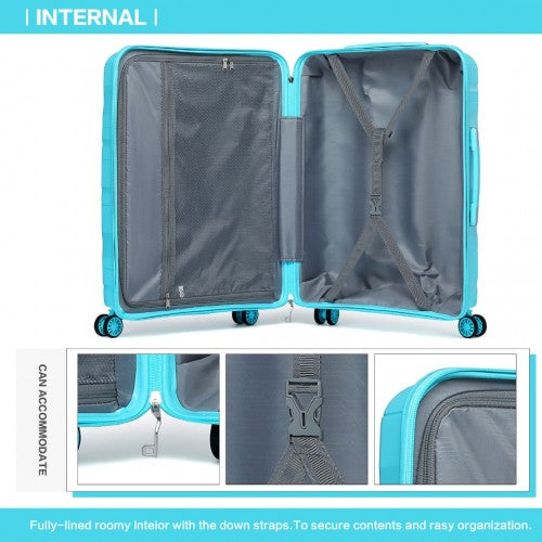 Open interior of light blue Kono suitcase showing gray polyester lining, mesh pockets, and adjustable cross straps for organization