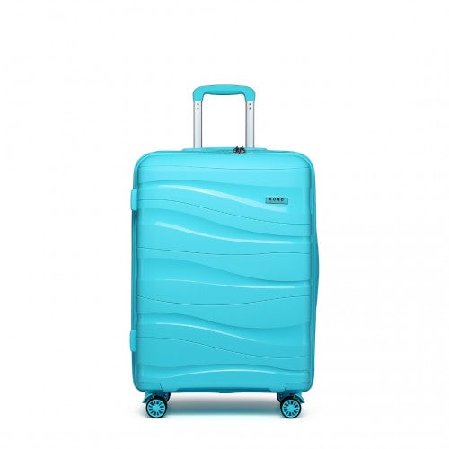 Front view of Kono 24-inch light blue hard shell suitcase with wavy polypropylene texture and extended silver telescopic handle