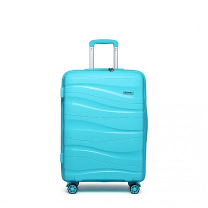 Front view of Kono 24-inch light blue hard shell suitcase with wavy polypropylene texture and extended silver telescopic handle