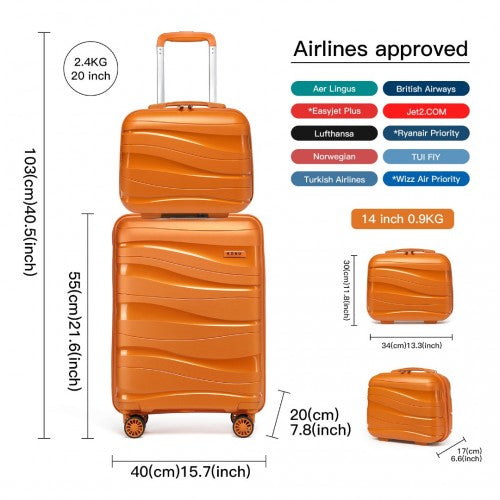 Easy Luggage K2094L - Kono 14/20 Inch Lightweight Polypropylene Hard Shell 2 Piece Suitcase Set With TSA Lock And Vanity Case - Orange