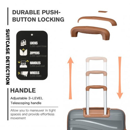 K2094L - Kono 28 Inch Lightweight Polypropylene Hard Shell Suitcase With TSA Lock - Grey And Brown