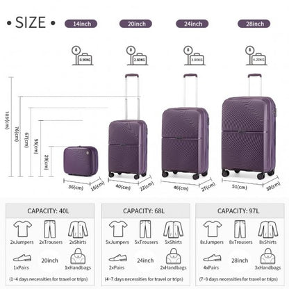 Easy Luggage K2393L - British Traveller 4 Pcs Set Spinner Hard Shell PP Suitcase With TSA Lock And Vanity Case - Purple