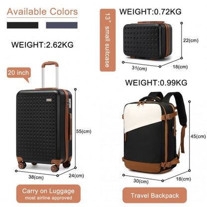 K2394L+S2362 - Kono Hard Shell ABS Carry-Ons Cabin Suitcase Included Vanity Case And Backpack 3 Piece Travel Set - Black