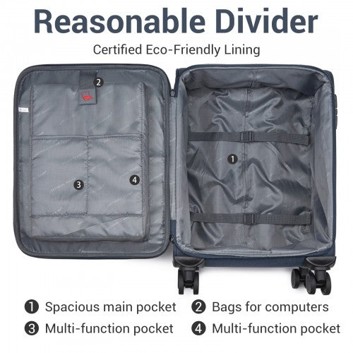 KSB2597 - British Traveller Sleek Tough 3-Piece Travel Soft-Shell Suitcase with Silent TPE Spinners, TSA Security and Expandable Checked Sizes - Navy