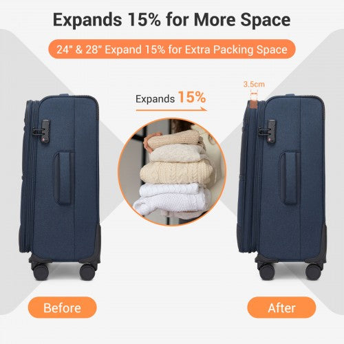 KSB2597 - British Traveller Sleek Tough 3-Piece Travel Soft-Shell Suitcase with Silent TPE Spinners, TSA Security and Expandable Checked Sizes - Navy