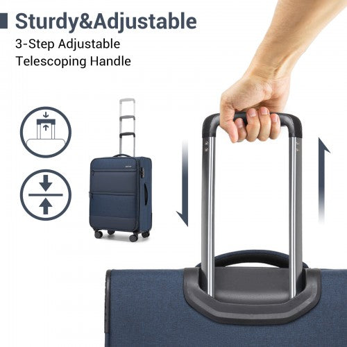 KSB2597 - British Traveller Sleek Tough 3-Piece Travel Soft-Shell Suitcase with Silent TPE Spinners, TSA Security and Expandable Checked Sizes - Navy