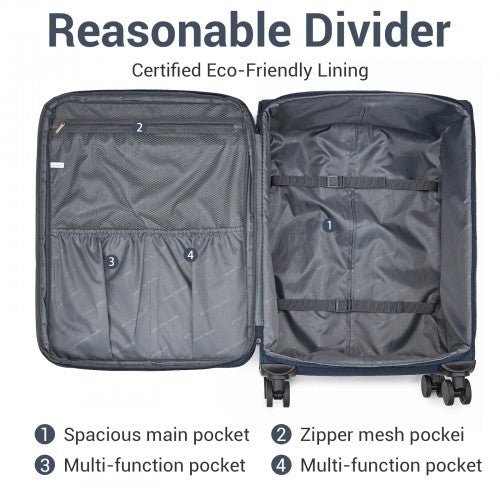 KSB2597 - British Traveller Sleek Tough 3-Piece Travel Soft-Shell Suitcase with Silent TPE Spinners, TSA Security and Expandable Checked Sizes - Navy
