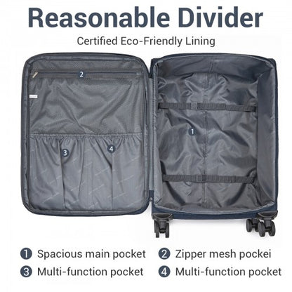 KSB2597 - British Traveller Sleek Tough 3-Piece Travel Soft-Shell Suitcase with Silent TPE Spinners, TSA Security and Expandable Checked Sizes - Navy