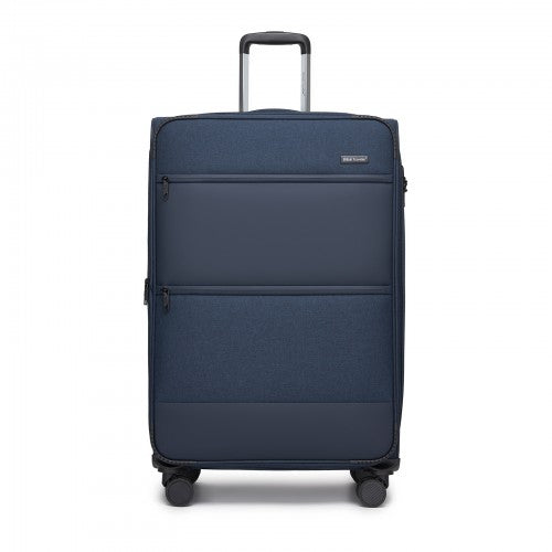 KSB2597 - British Traveller Sleek Tough 3-Piece Travel Soft-Shell Suitcase with Silent TPE Spinners, TSA Security and Expandable Checked Sizes - Navy