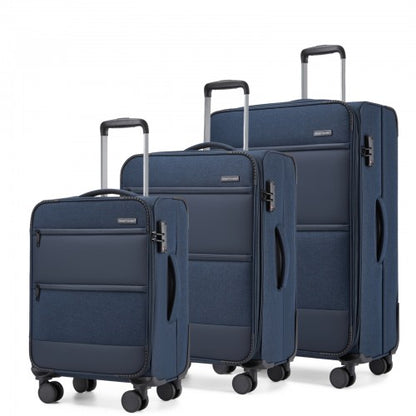 KSB2597 - British Traveller Sleek Tough 3-Piece Travel Soft-Shell Suitcase with Silent TPE Spinners, TSA Security and Expandable Checked Sizes - Navy