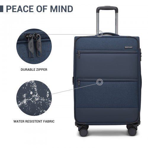 KSB2597 - British Traveller Sleek Tough 3-Piece Travel Soft-Shell Suitcase with Silent TPE Spinners, TSA Security and Expandable Checked Sizes - Navy