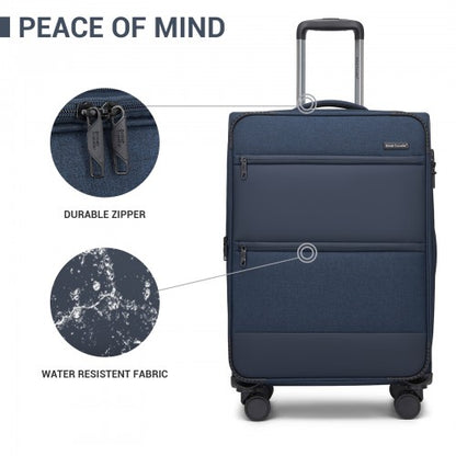KSB2597 - British Traveller Sleek Tough 3-Piece Travel Soft-Shell Suitcase with Silent TPE Spinners, TSA Security and Expandable Checked Sizes - Navy