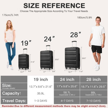 KSK2482 - Kono 19 Inch Stylish Horizontal Engraved Hard Shell ABS+PC Cabin Carry-On Suitcase with TSA Lock - Black