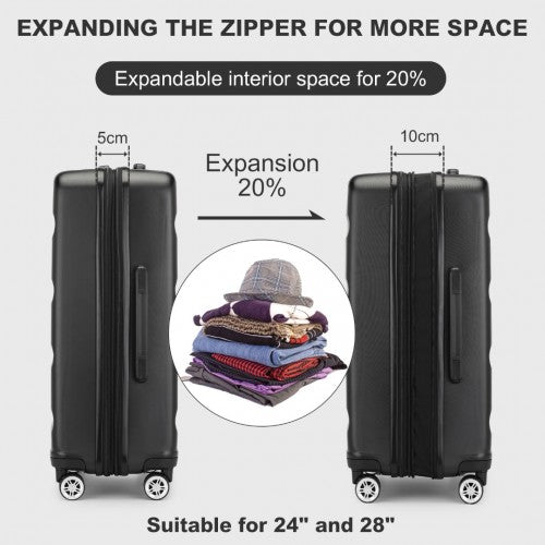KSK2482 - Kono 24 Inch Expandable Horizontal Engraved Hard Shell ABS+PC Check-In Suitcase with TSA Lock - Black