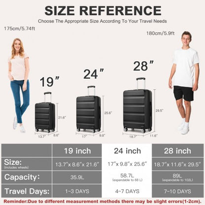 KSK2482 - Kono 24 Inch Expandable Horizontal Engraved Hard Shell ABS+PC Check-In Suitcase with TSA Lock - Black