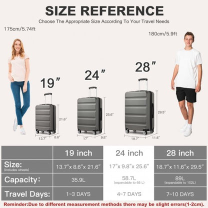 KSK2482 - Kono 24 Inch Expandable Horizontal Engraved Hard Shell ABS+PC Check-In Suitcase with TSA Lock - Grey