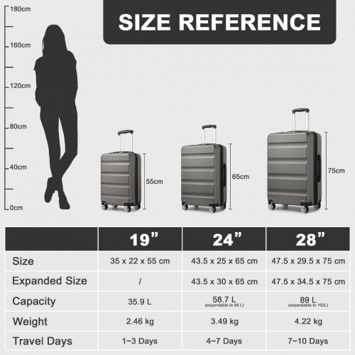 KSK2482 - Kono 3-Piece Horizontal Engraved Hard Shell ABS+PC Suitcase with TSA Lock - Grey