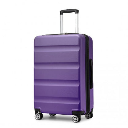 Studio shot of purple hard shell suitcase with horizontal ribbed design and dual-wheel spinner casters