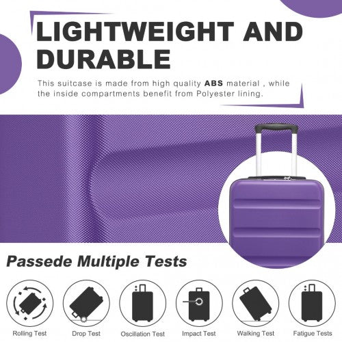 Purple lightweight ABS hard shell suitcase demonstrating durability tests and ribbed texture design