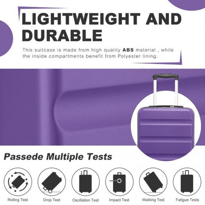 Purple lightweight ABS hard shell suitcase demonstrating durability tests and ribbed texture design
