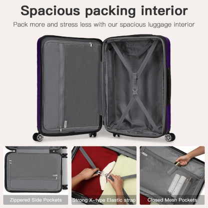 Interior of purple expandable suitcase showing polyester lining, zippered side pockets, and elastic straps