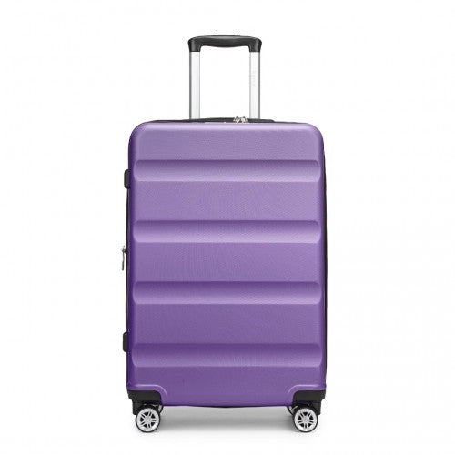 Front view of purple 24-inch horizontal engraved hard shell suitcase with extended telescopic handle