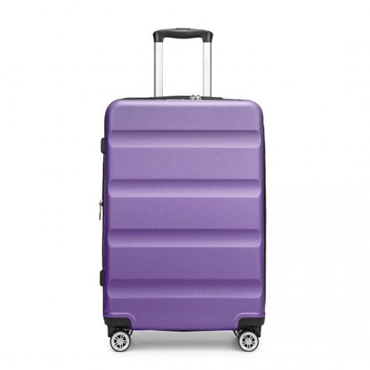 Front view of purple 24-inch horizontal engraved hard shell suitcase with extended telescopic handle