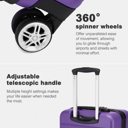 Purple 24-inch hard shell suitcase with silver 360-degree spinner wheels and adjustable telescopic handle